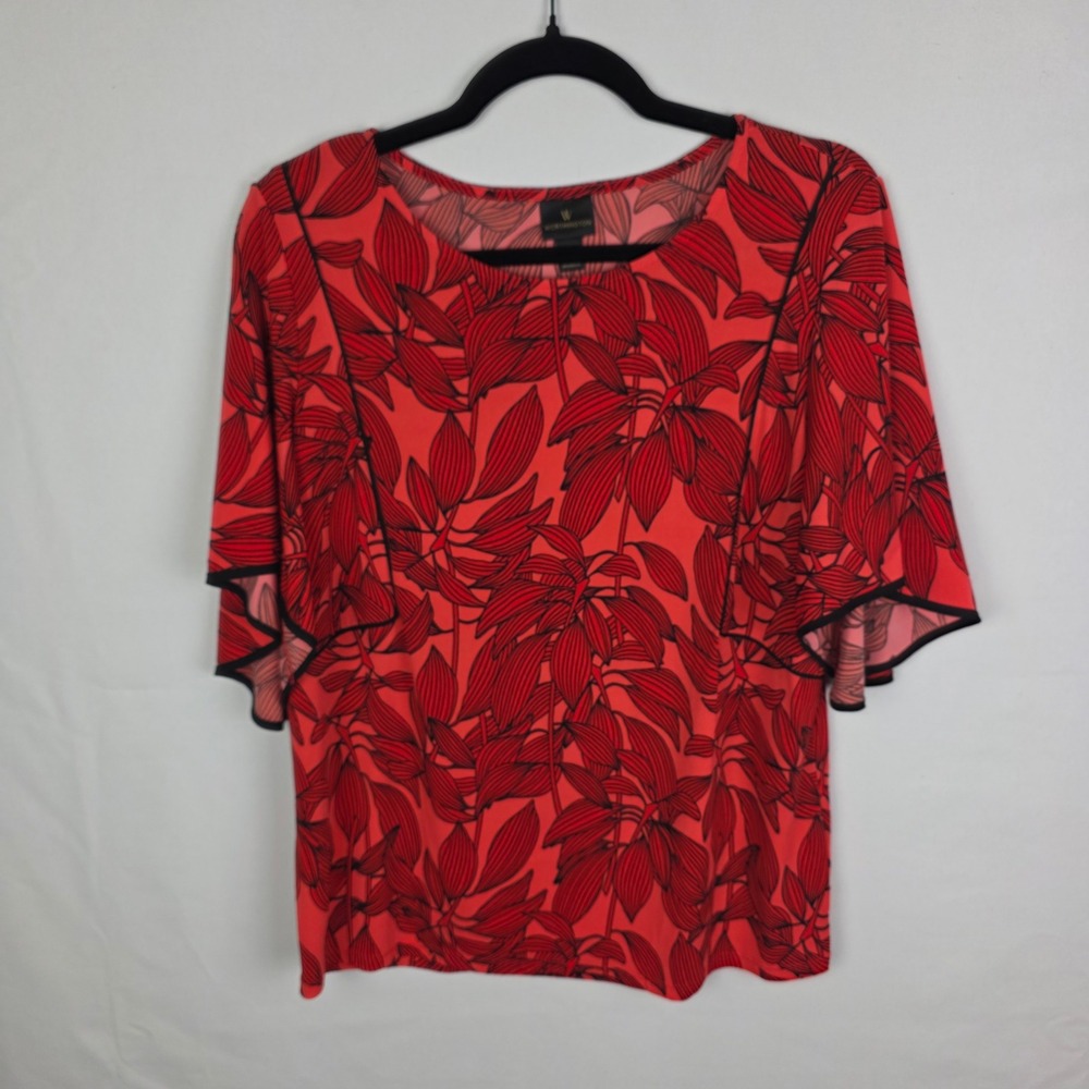 Worthington Womens Red Black Tropical Leaf Flutter Sleeve Knit Top Size M
